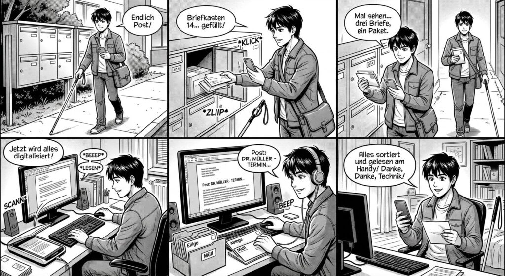 Ein sechsseitiger, schwarz-weißer Manga-Strip zeigt die Reise eines blinden jungen Mannes beim Postholen und -bearbeiten. Das erste Panel oben links zeigt den Mann, der mit einem Langstock über einen Bürgersteig auf eine Reihe von Metallbriefkästen zugeht. In seiner linken Hand hält er ein Smartphone, in seiner rechten den Stock. Eine Sprechblase über ihm sagt: „Endlich Post!“. Das zweite Panel oben rechts zeigt den Mann, der vor seinem offenen Briefkasten (Nr. 14) steht. Er hält sein Handy in der linken Hand und greift mit seiner rechten Hand in den Kasten, um mehrere Briefe und ein kleines Paket herauszuholen. Ein Soundeffekt sagt: KLICK. Das dritte Panel oben links zeigt den Mann, der vom Briefkasten weggeht. Er hat einen Stapel Briefe in der linken Hand und sein Handy in der rechten. Eine Sprechblase über ihm sagt: „Mal sehen... drei Briefe, ein Paket.“ Er hat ein Lächeln im Gesicht. Das vierte Panel unten rechts zeigt den Mann in seinem Büro, wo er an seinem Computer sitzt. Er hält einen Brief unter einen Dokumentenscanner. Ein Soundeffekt sagt: SCANN. Text auf dem Bildschirm zeigt den Scanfortschritt. Eine Sprechblase über ihm sagt: „Jetzt wird alles digitalisiert!“. Das fünfte Panel unten links zeigt den Mann, der immer noch am Schreibtisch sitzt, aber jetzt Kopfhörer trägt. Auf dem Computerbildschirm ist ein digitalisierter Briefkopf zu sehen. Ein Soundeffekt sagt: BEEP. Der Mann scheint zuzuhören, wie der Brief vorgelesen wird. Eine Sprechblase über ihm sagt: „Post: Dr. Müller - Termin...“. Auf dem Schreibtisch stehen Ordner mit der Aufschrift „Eilige“, „Ablage“, „Müll“. Das sechste Panel unten rechts zeigt den Mann, der immer noch an seinem Schreibtisch sitzt. Er hält sein Handy in der rechten Hand, mit dem Bildschirm nach oben, und scheint den Text auf dem Handy zu lesen. Die Sprechblase sagt: „Alles sortiert und gelesen am Handy! Danke, Technik!“. Der Mann hält auch noch einen echten Brief in der Hand und schaut lächelnd aufs Handy.